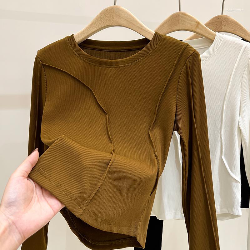 

Women' T Shirts O-neck Screw Thread Cotton Long Sleeve Shirt Womens Autumn Winter Casual Skinny Stretch Base Fashion Splicing Woman Tops, Black