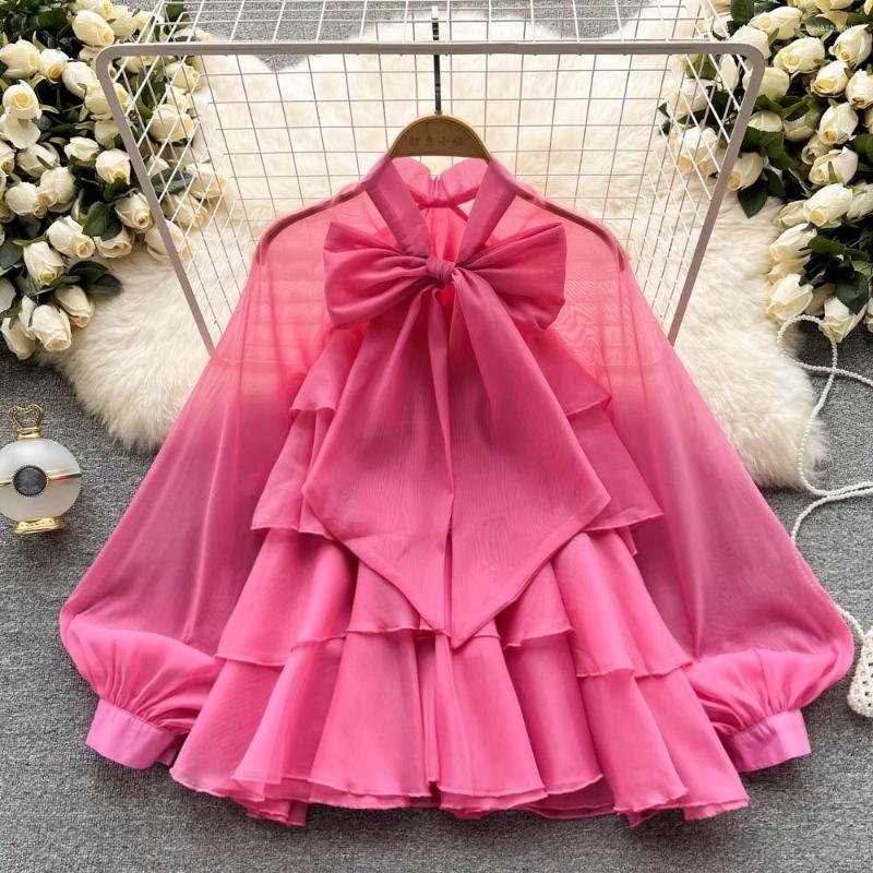 

Women's Blouses Women Elegant Bow Blouse Spring Summer Puff Sleeve Chiffon Shirts Ladies Vintage Single-breasted Tops, Green