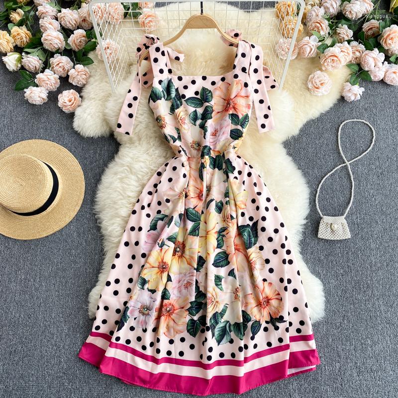 

Casual Dresses Banulin 2022 Fashion Runway Summer Dress Women's Bow Spaghetti Strap Gorgeous Dot Floral Print Midi Vestidos N67847, The picture color