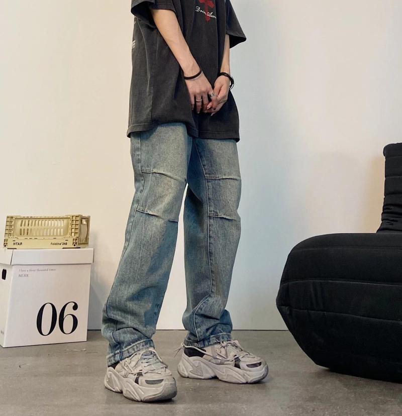 

Men' Jeans High Quality Old Washed Pleated Loose For Men And Women Street Straight Tube Casual Fashion Pants, Blue
