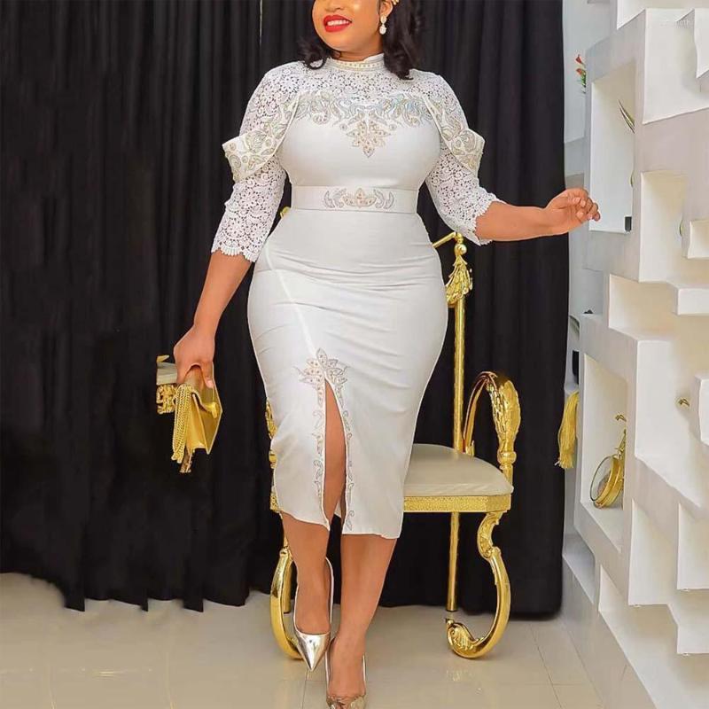 

Casual Dresses African Office Ladies Elegant High Quality Diamond Split Sheath Fashion Luxury Business Work Wear Dress Midi Clothes, White dress