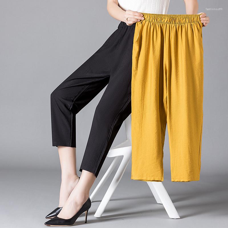 

Women's Pants Cotton Linen Elastic High Waist Calf Length Casual Women Loose Spring Summer Size -5XL, Beige