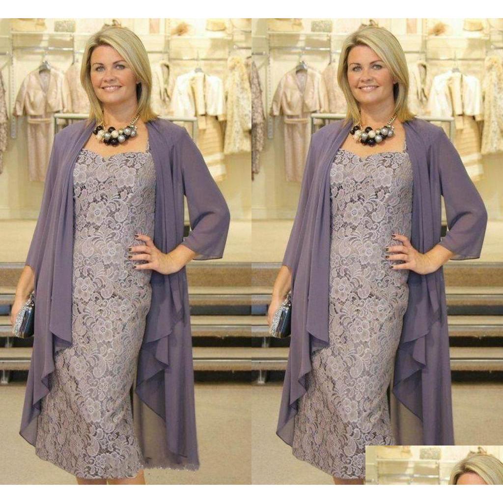 

Mother'S Dresses Elegant Tea Length Plus Size Mother Of The Bride With Chiffon Jacket 3/4 Sleeves Spaghetti Lace Special Ocn Dress D Dh6Gc