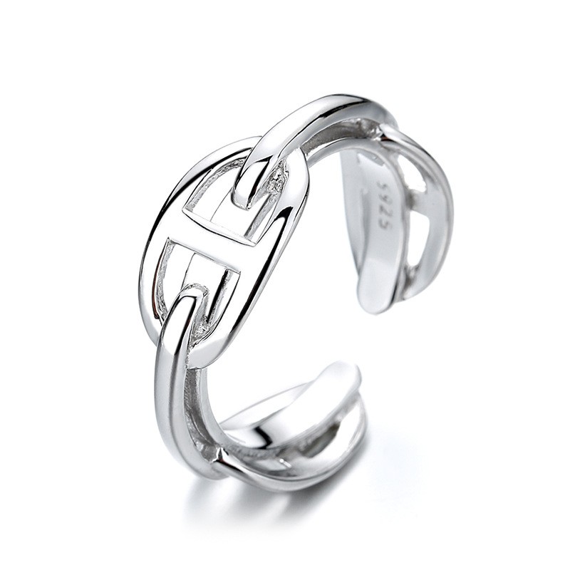 

925 Sterling Silver Pig Nose Shape Chain Ring For Women Personality Adjustable Geometry Knitted Finger Rings Female Birthday Valentines Gift