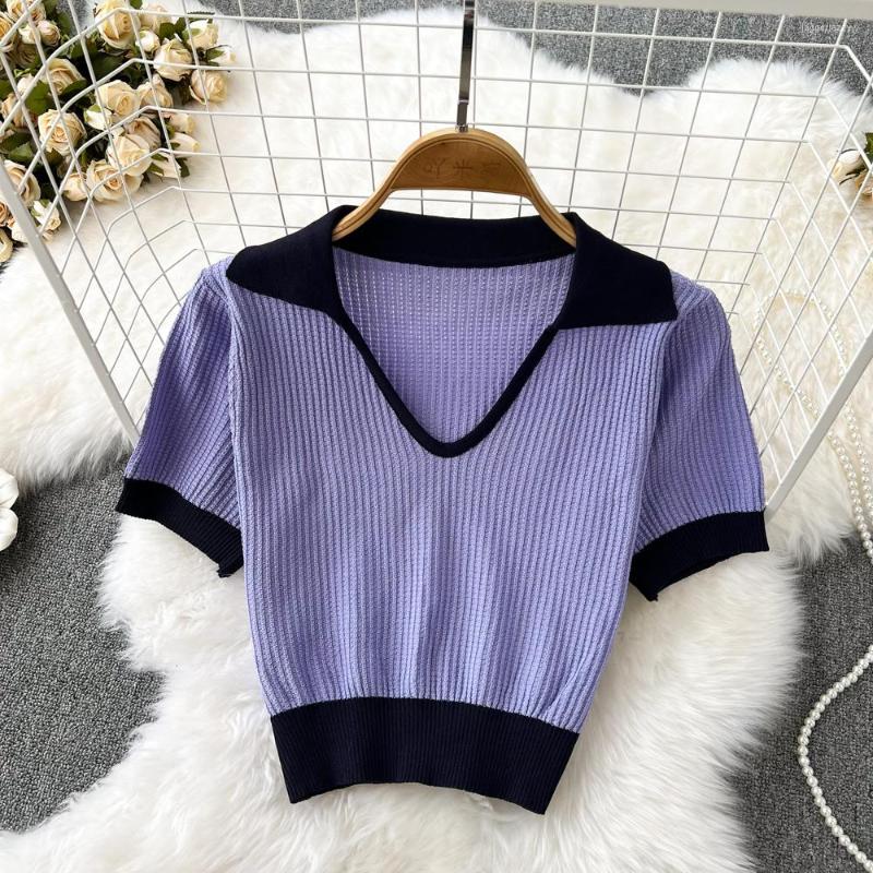 

Women's T Shirts Autumn/winter Vintage Contrasting Colors Knit V-neck Slimming And Revealing Top, Blue