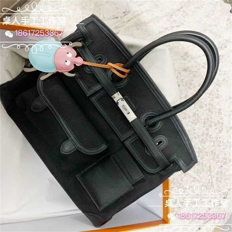 

designer bags birkin herme handbags Pure manual full hand sewing wax thread cargo bag 35cm handbag canvas spell swift black silver button, Black9