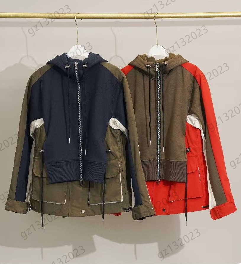

Womens Jacket Color Matching Hoodie Draw Rope Jacket Zipper Flap Pockets Long Sleeve Loose Coats Fashion Designer Autumn Winter Women Apparel 2 Colors