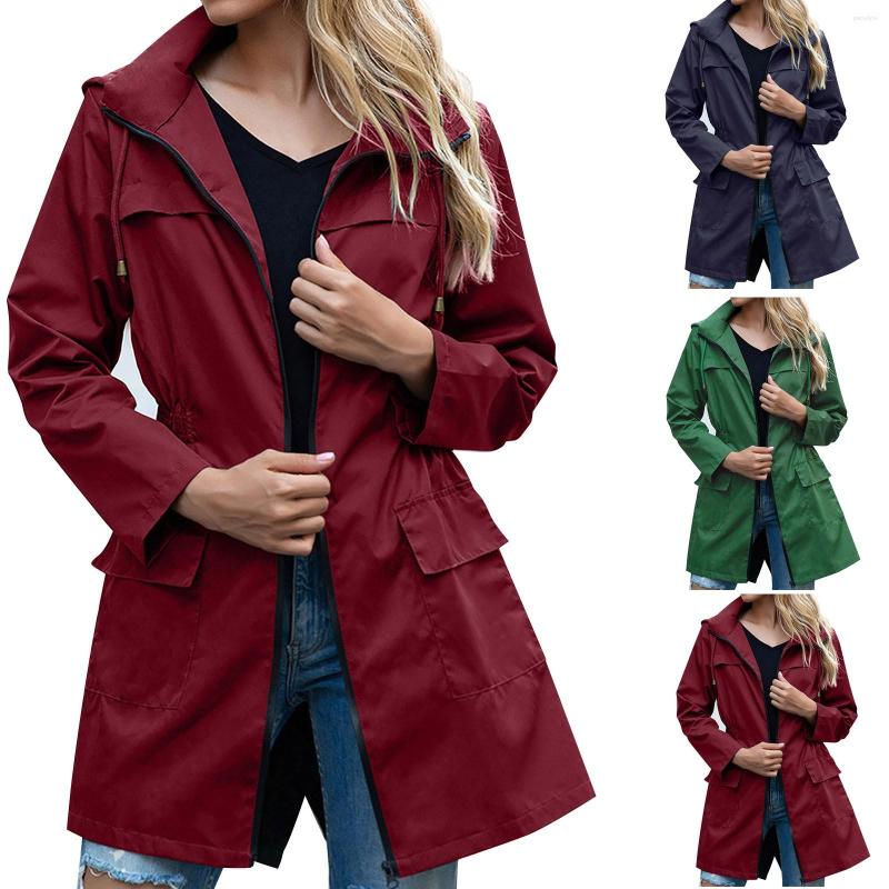 

Women's Trench Coats Women Hooded Rain Coat Ladies Waterproof Windproof Solid Color Jacket Female Autumn Casual Long Sleeve Zipper Outerwear