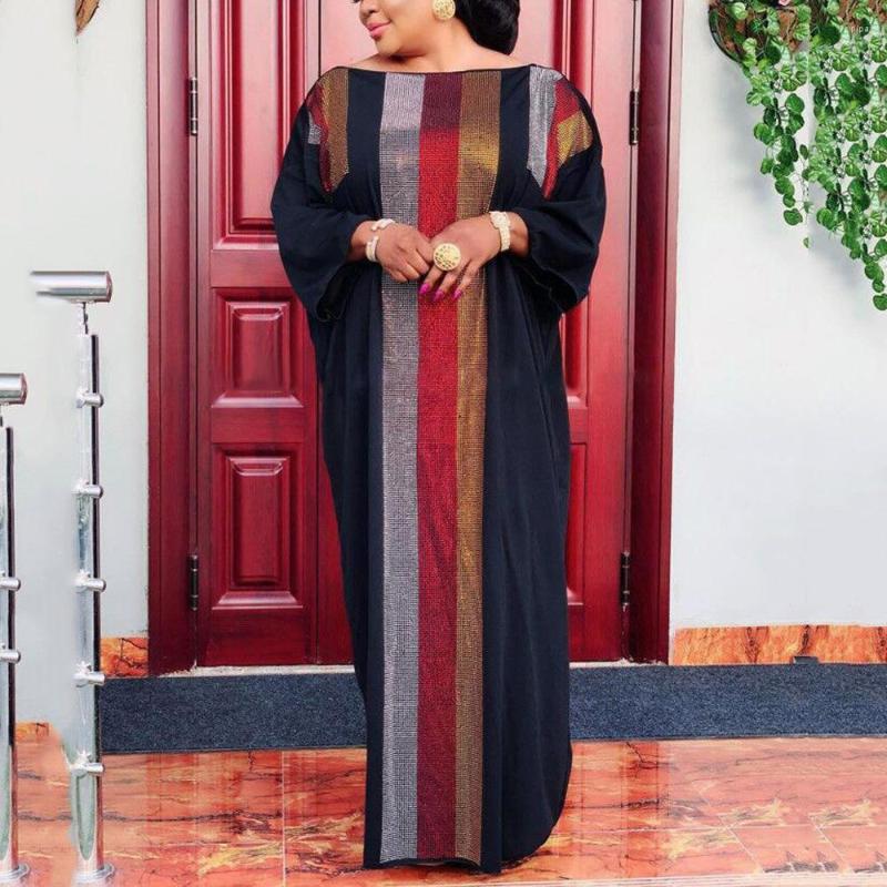 

Casual Dresses African Ladies Vintage For Female Diamond Batwing Sleeve Loose Fashion Floor Length Evening Night Club Dress Retro, Blue dress