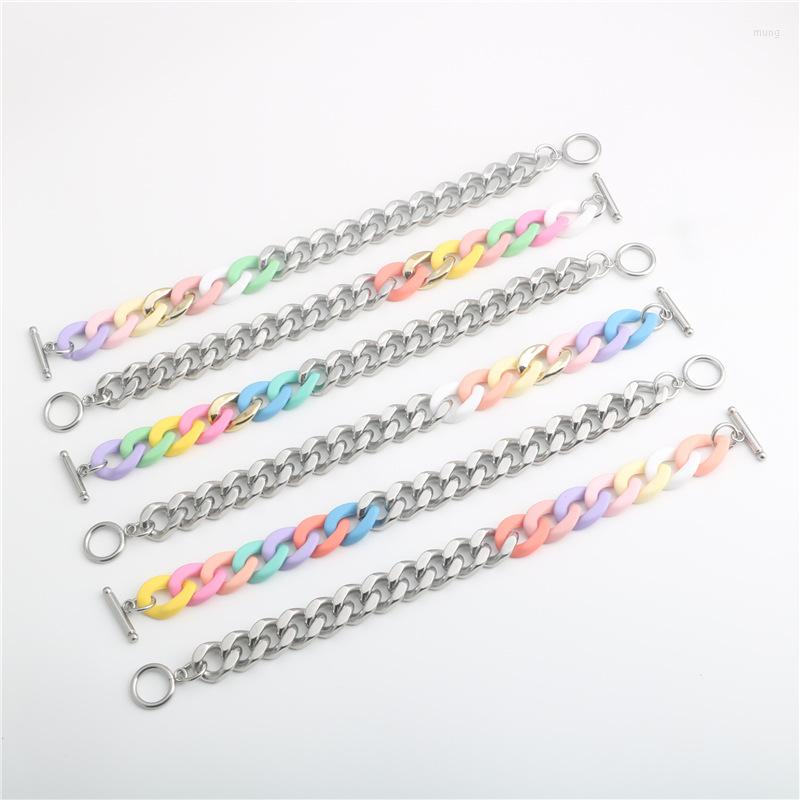 

Link Bracelets Fashion Titanium Steel Acrylic Stitching Color Bracelet OT Buckle Four-sided Polished Stainless Couple