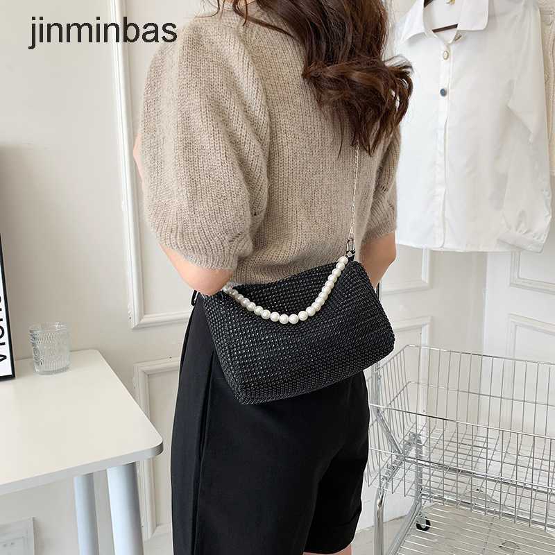 

Design Diamond Bag 70% Discount Wholesale and Retail Women's New Korean Fashion Rhintone Chain Pillow Temperament Pearl Handheld One Shoulder Crossbody Women, Black7