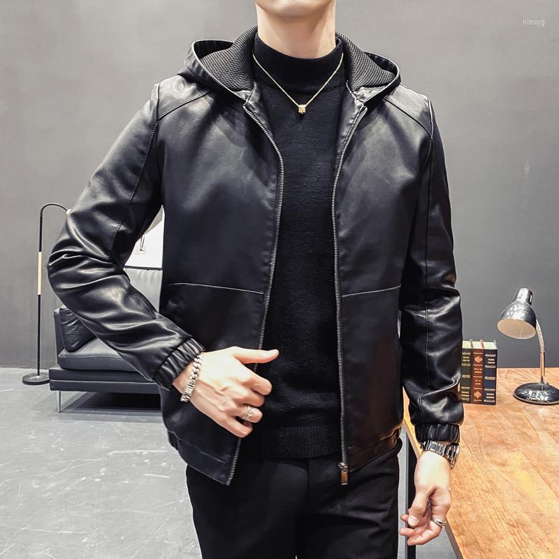 

Men's Fur 2022 Men Trendy Leather Jacket Autumn Fashion Brand High Quality PU Casual Biker Male Solid Hooded Coat, Black