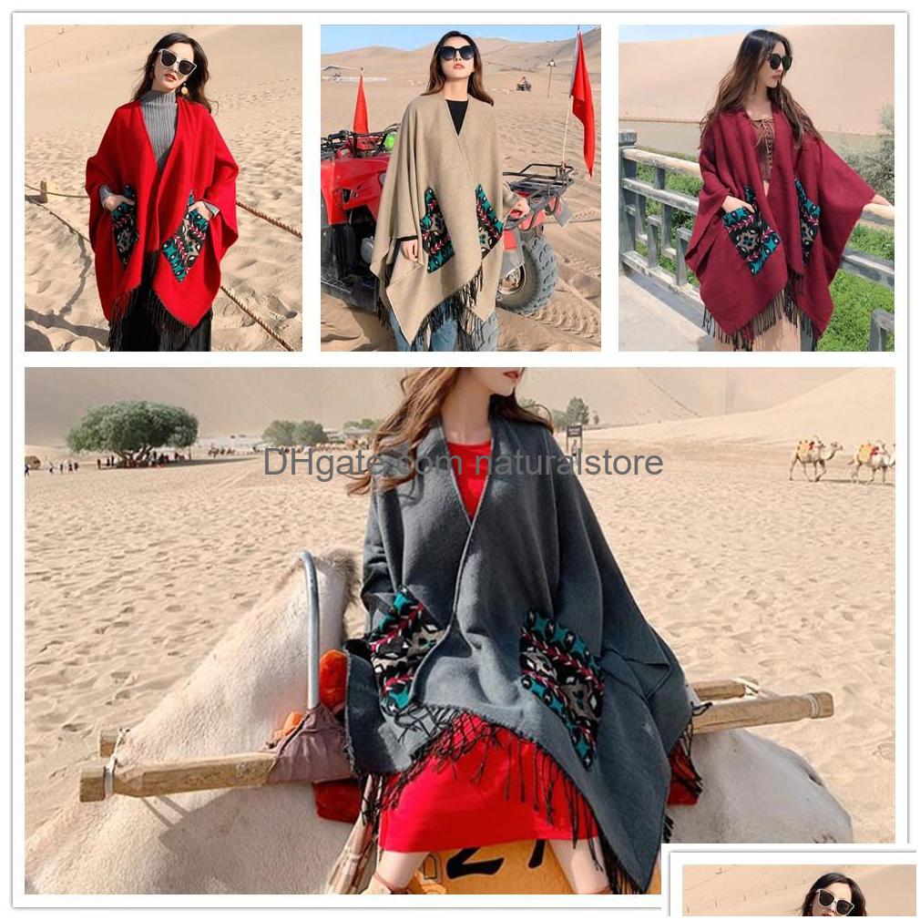 

Shawls Shawl For Winter Women Furled Mimics Cashmere Thicken Tassels Cloak Lady Warm Long Solid Scarf Scarves With Pockets Drop Deli Dhyra