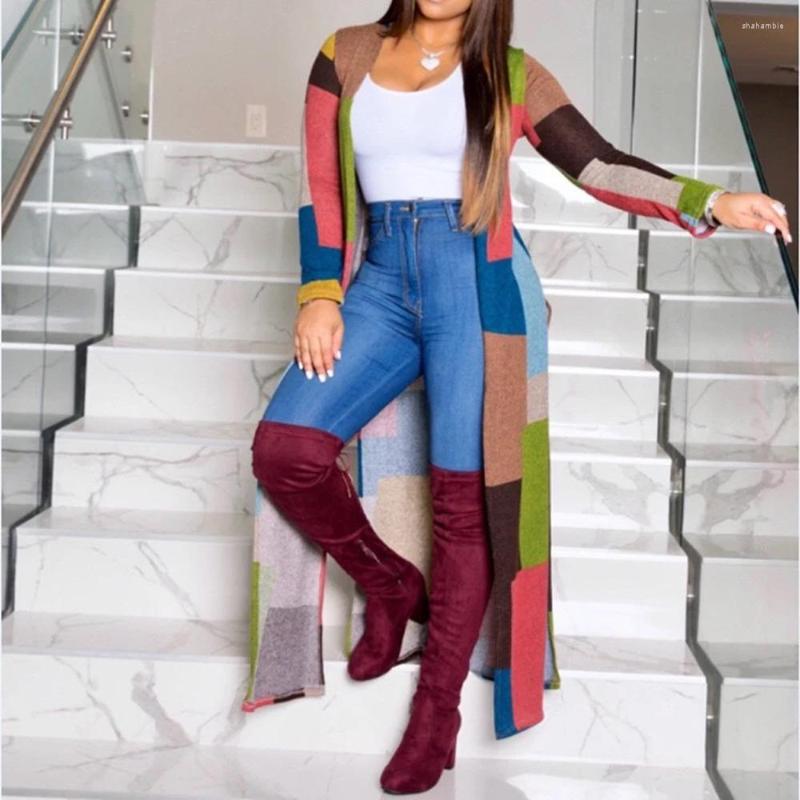 

Women's Knits African Women Open Stitch Cardigan Long Sleeve Floor Length Color Block Elegant Africa Ladies Autumn Winter Clothes Warm 2022, African outwear