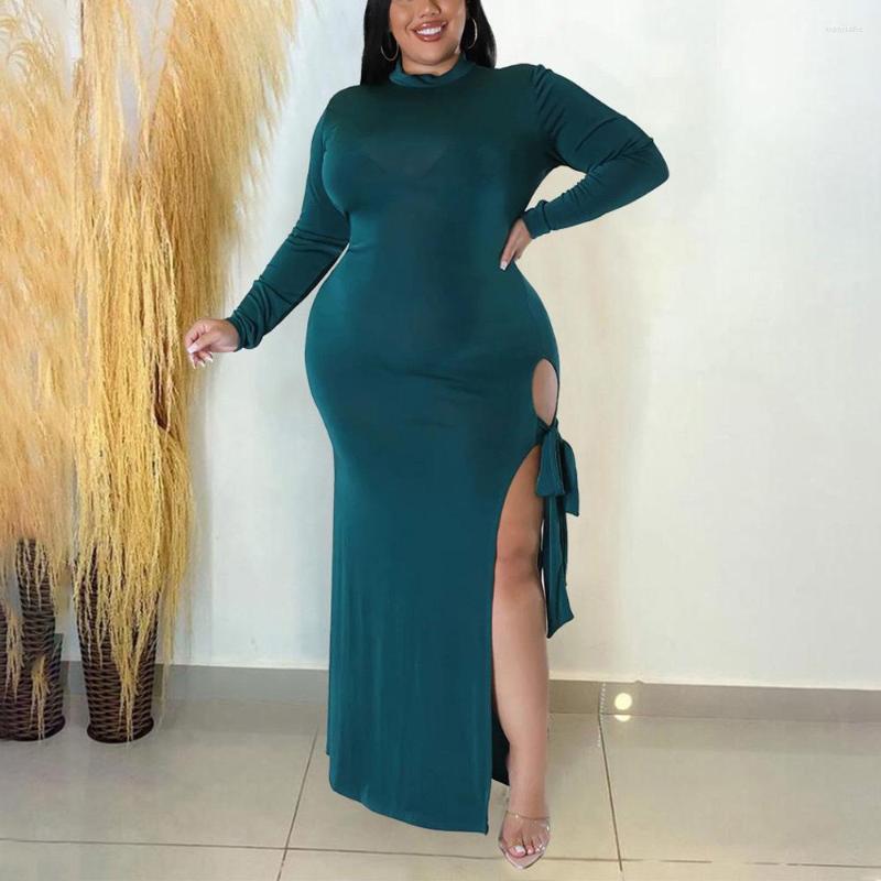 

Casual Dresses 4XL Women Solid Full Sleeve Bodycon High Waisted Side Split Ankle Length Autumn Winter Fashion Evening Party Club Dress, Green dress