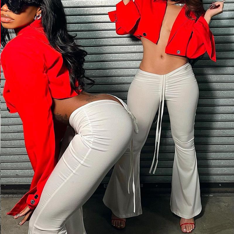

Women' Pants Summer Women Fashion Low Waist Drawstring Flared Sexy Lace Wide Leg Trousers Girls Solid Casual Sweatpants, White