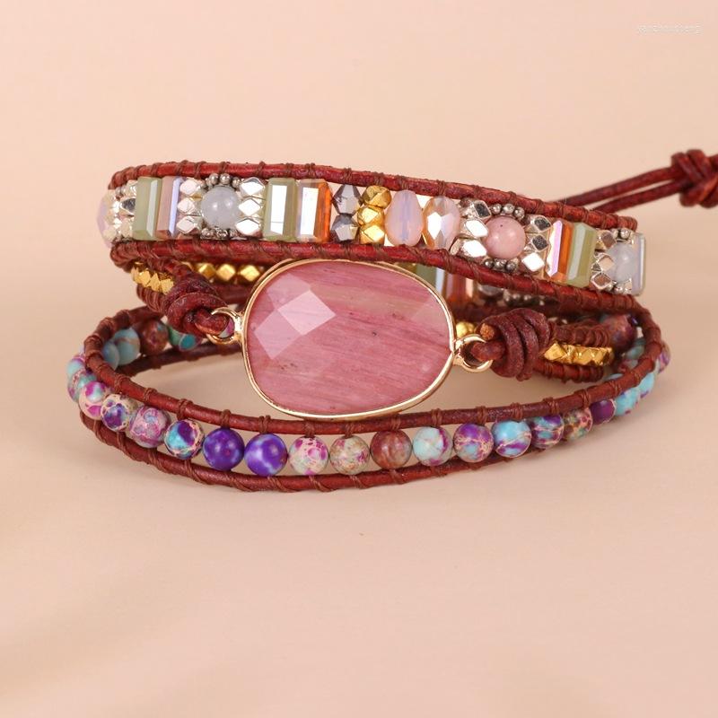 

Link Bracelets Fashion Bohemia Vintage 3 Strands Multilayer Adjustable Weaving Rope Bracelet Jewelry Mixed Natural Stones Charm Gifts