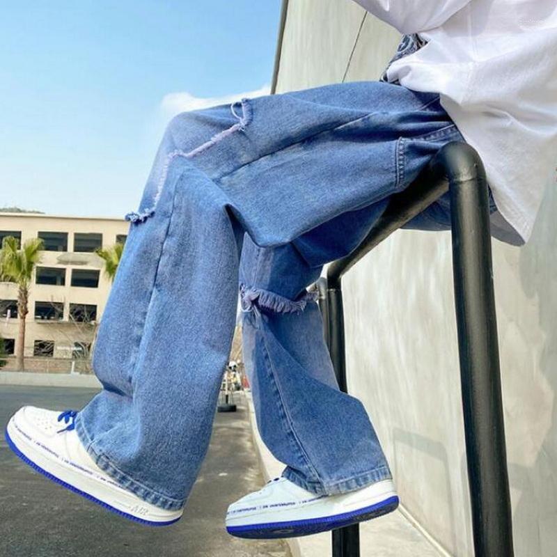 

Men's Jeans Ripped Men's High Street Straight Pants Patch Casual Beggar, Blue