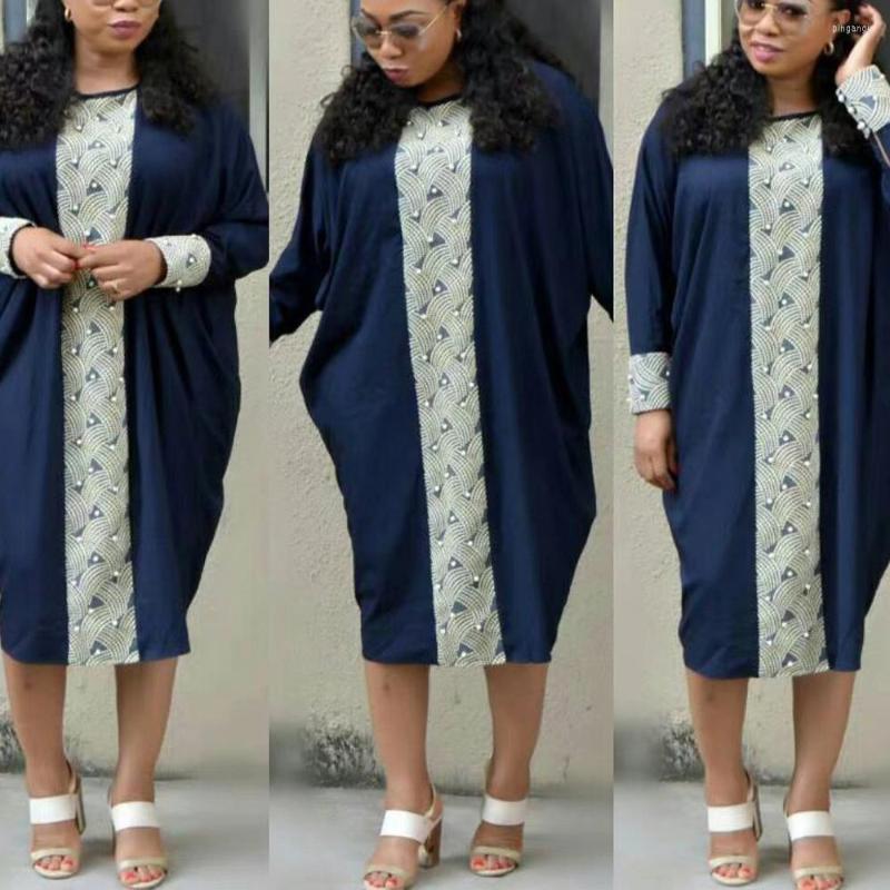 

Casual Dresses African Ladies Fashion For Women Dark Blue Loose Full Sleeve Round Neck Mid Calf Elegant Business Work Dress Clothes OL, Blue dress