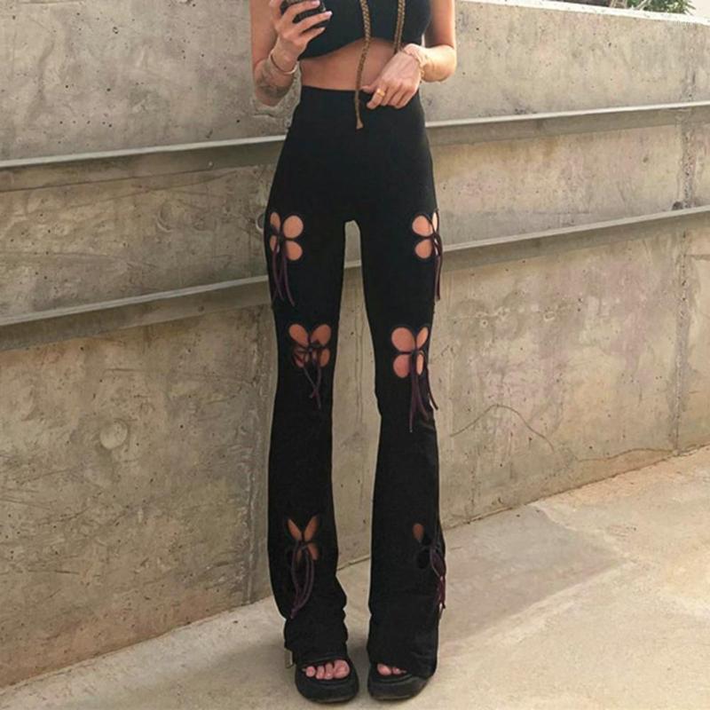 

Women' Pants Casual Women Sexy Slim Fit Close-fitting Solid Color High Waist Hollow Out Butterflies Pattern Autumn Trousers Streetwear, Black