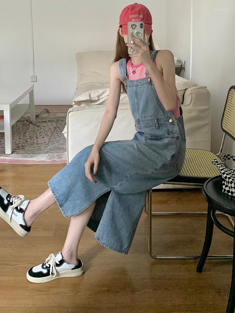 

Casual Dresses Women' Summer Large Pocket Denim Dress Korean Style Sleeveless Loose Streetwear Straight Spaghetti Strap Jean, Blue