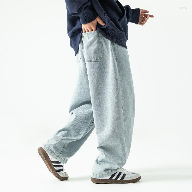 

Men' Jeans Men Drawstring Loose Streetwear Male Fashion Straight Wide Leg Denim Pants Hip Hop Casual Mens Trousers, Black