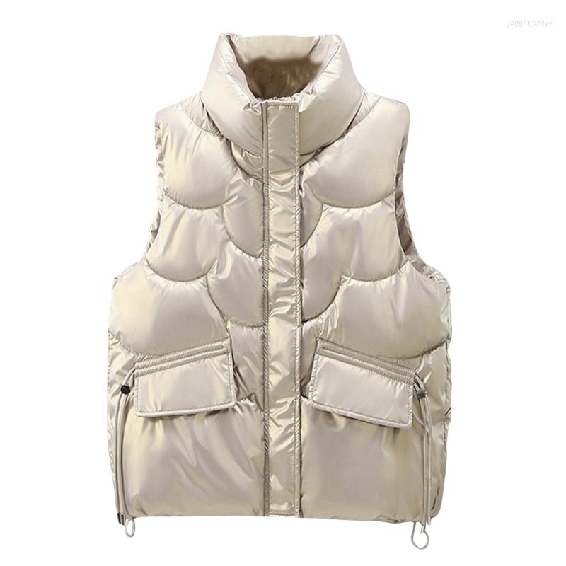

Women's T Shirts Women Winter Shiny Puffer Vest Sleeveless Zipper Up Stand Collar Padded Waistcoat Drawstring Hem Outerwear With Pockets, Black