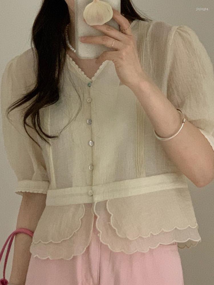 

Women's Blouses Korean Style Summer Sweet Shirt Women 2022 Chic Loose Elegant V-neck Stitching Wave Trim Single Breasted Short Sleeve, Photo color