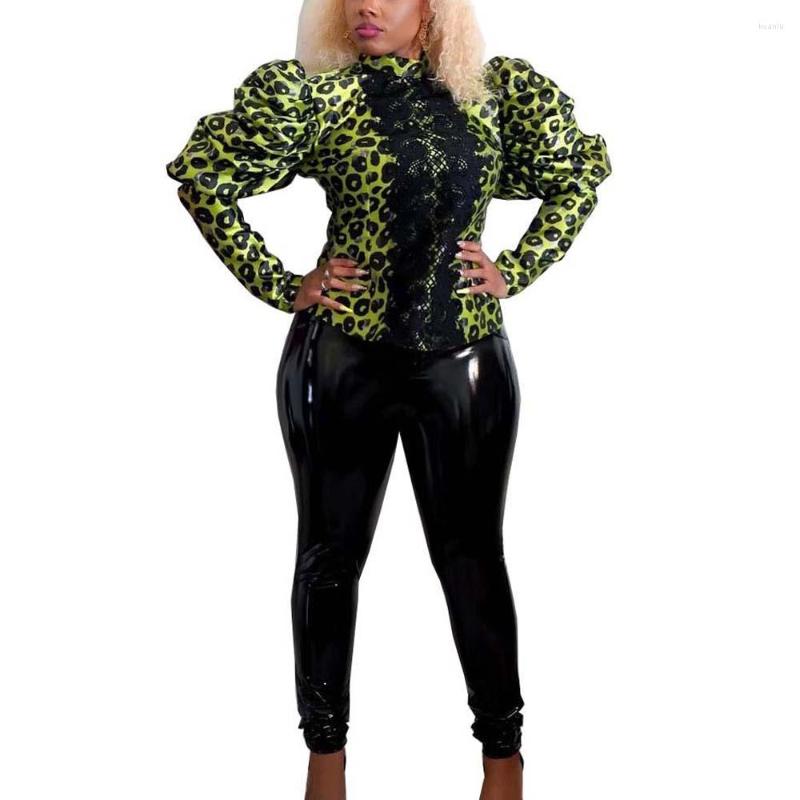 

Women's T Shirts Autumn Winter Blouse & For Women Leopard Print Lace Puff Sleeve Fashion Elegant Ladies Wear Tops Arrivals Clothes, Green blouse