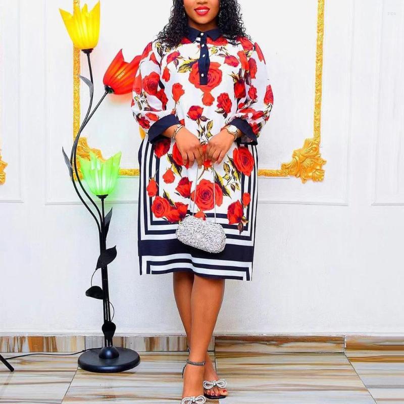 

Casual Dresses  5XL Plus Size African Ladies Floral Printed Full Sleeve Loose Fashion Turn Down Collar Knee Length Evening Night Party, Red dress