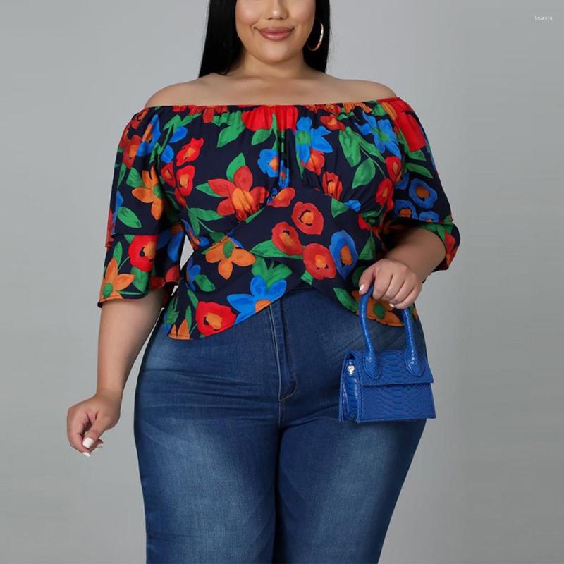 

Shirt Plus Size Shirts For Women 4XL 5XL 2022 Suummer Floral Printed Off The Shoulder Fashion Large Ladies Tops Style, Color 1