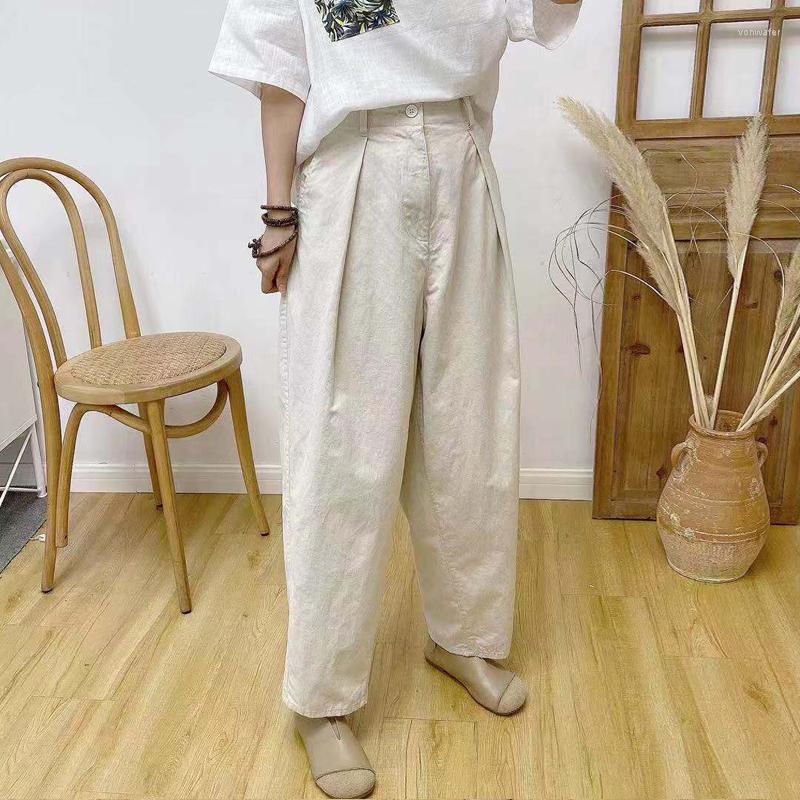 

Women's Pants Johnature Vintage Linen Women 2022 Summer Casual Solid Color Pockets Ankle-length Harem, Beige