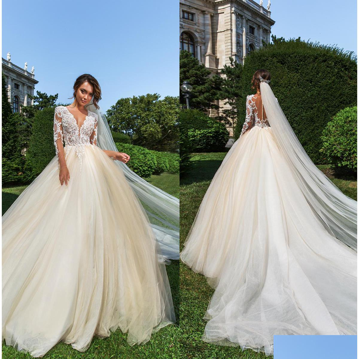 

Ball Gown Wedding Dresses Crystal Design Sheer Jewel Neck Lace With Long Sleeves Champagne Plus Size Dress Bridal Gowns Drop Deliver Dhdkn, Ivory