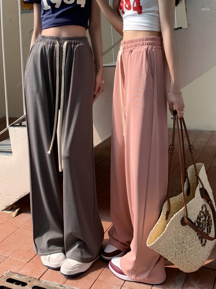 

Women's Pants Women's Summer Wide Leg Elastic Waist Loose Streetwear High Straight Trousers Drawstring Baggy Tracksuits Pantalones, Beige