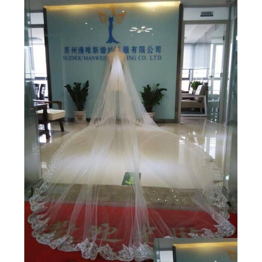 

Bridal Veils Gleaming Crystals Beaded Cathedral Appliques Lace Edge White One Layers With Comb Attached Custom Made Long 4M Wedding Dhx83