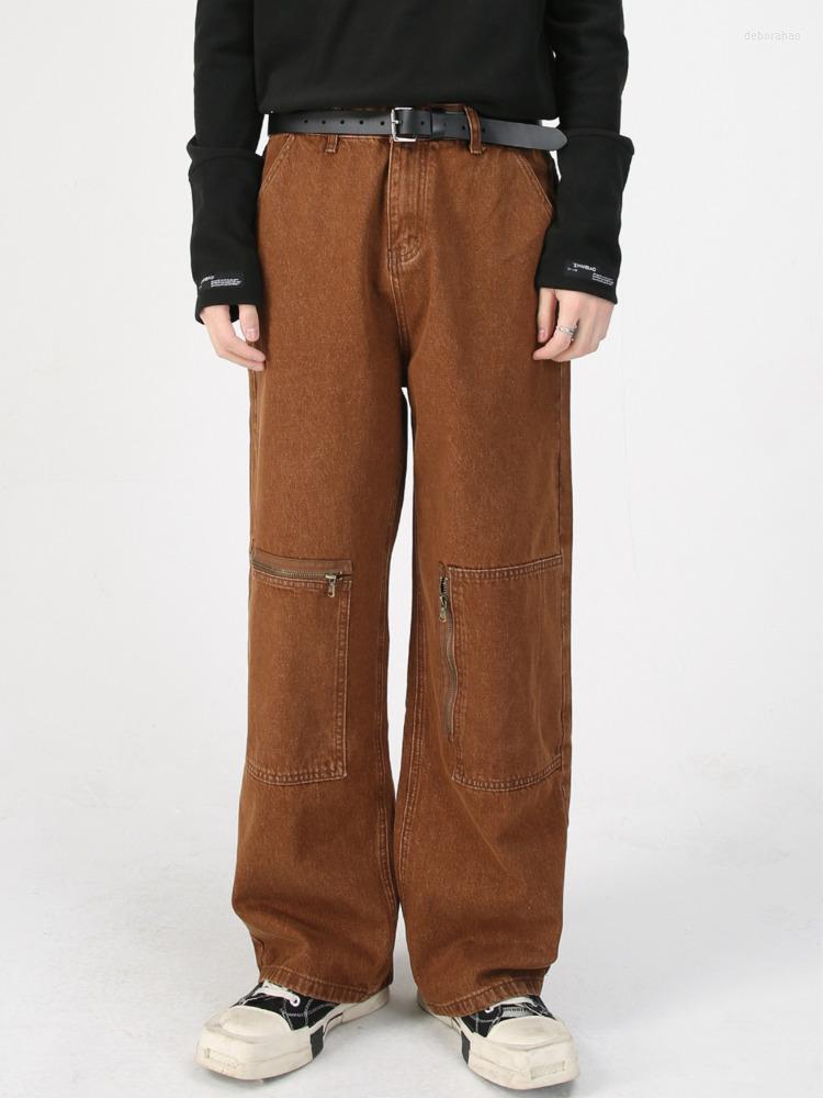

Men' Jeans SYUHGFA Men' Wear 2022 Autumn Winter Korean Streetwear Fashion Brown Straight Wide Legs Casual Zipper Denim Trousers