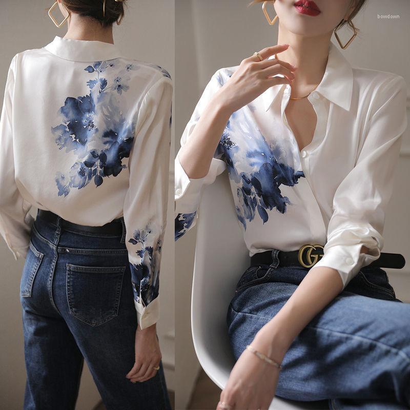 

Women' Blouses Spring Vintage Ink Printing Elegant White Shirt Ladies Long Sleeve Turndown Collar Single-breasted Slim Tops Office Women