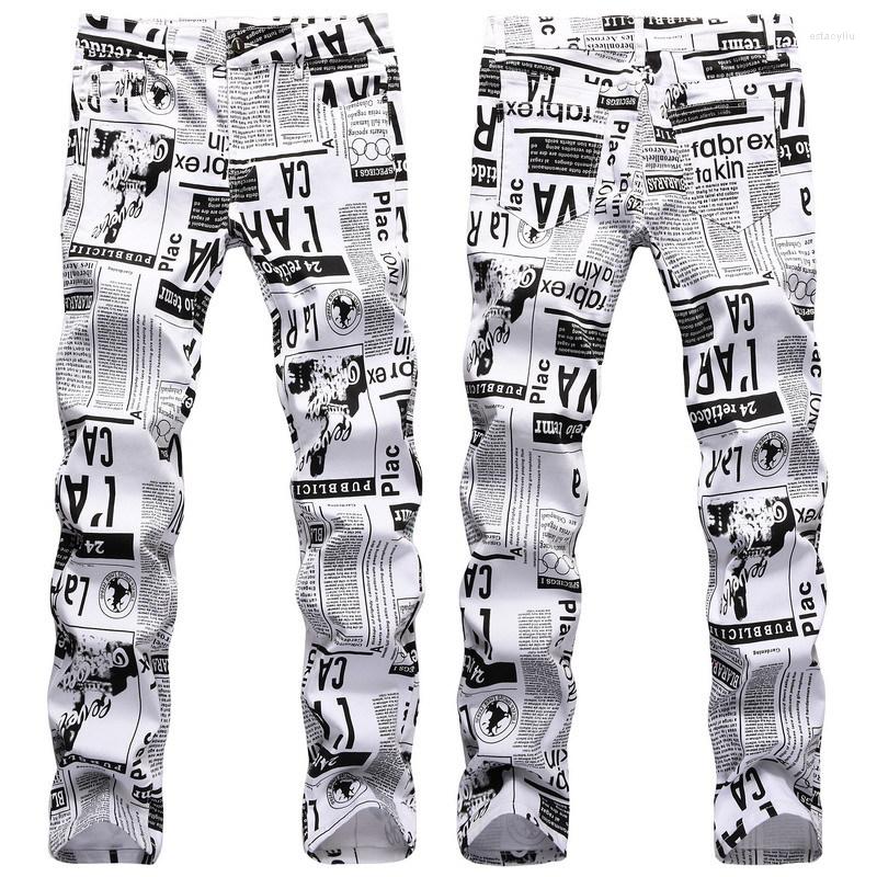 

Men's Jeans Trendy Nightclub Explosive Irregular Personality Printed Men Painted Casual Fashion Slim Tide Pants, White