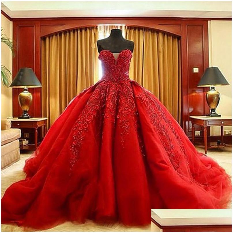 

Ball Gown Wedding Dresses Red Lace Sexy Backless Bridal Gowns Bead Sweetheart Long Train Dress In Plus Size Drop Delivery Party Event Dh7Hv, White