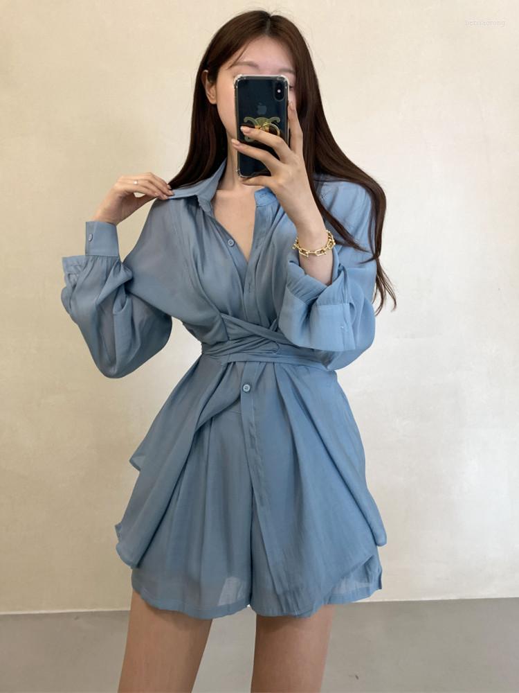 

Women's Tracksuits Summer Two Piece Set Women Irregular Lace-up Long Sleeve Sunscreen Shirt Wide-leg Shorts Suits Vintage Ensemble Femme 2, Khaki two piece set
