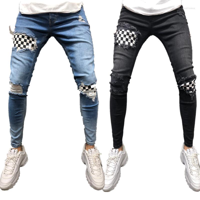 

Men's Jeans Men's Youth Ripped Slim Pants Mid-Waist Y2k Sports Pencil Fashion Casual Patchwork Vaqueros, Black