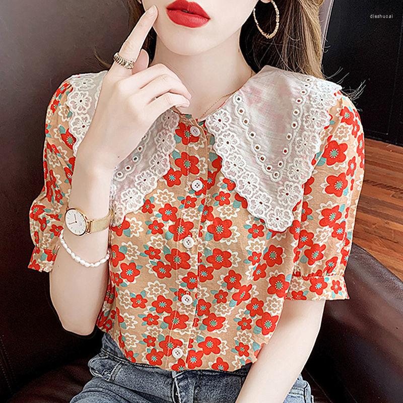 

Women' Blouses Blouse Female 2022 Summer Korean Fashion Doll Model Printed Shirt Slimming Thin And Full Short -sleeved Chiffon Top, Blue