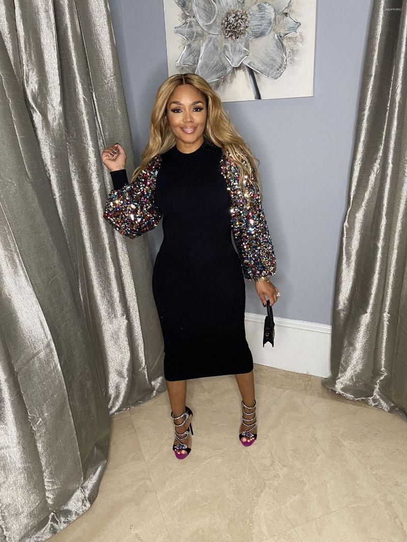 

Casual Dresses EWSFV 2022 Autumn And Winter Women Fashion Sexy Solid Color Stitching Sequin Round Neck Puff Sleeve Slim Dress, 2 white