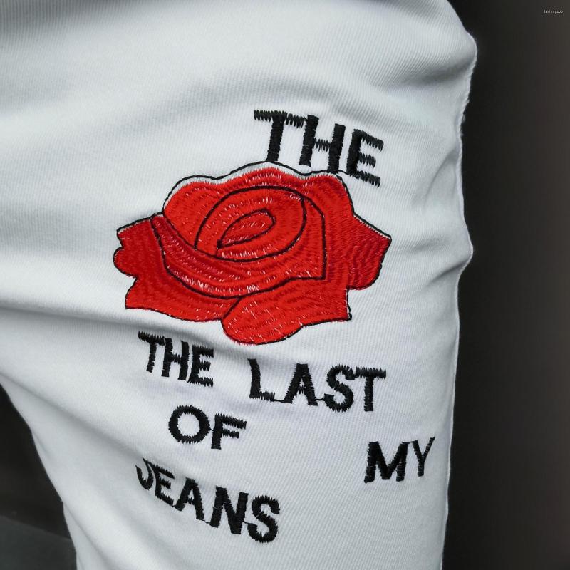 

Men's Jeans Stretch Men White Slim Fit Letter Funny Denim Pants 2023 Party Casual Street Fashion Rose Embroidery For