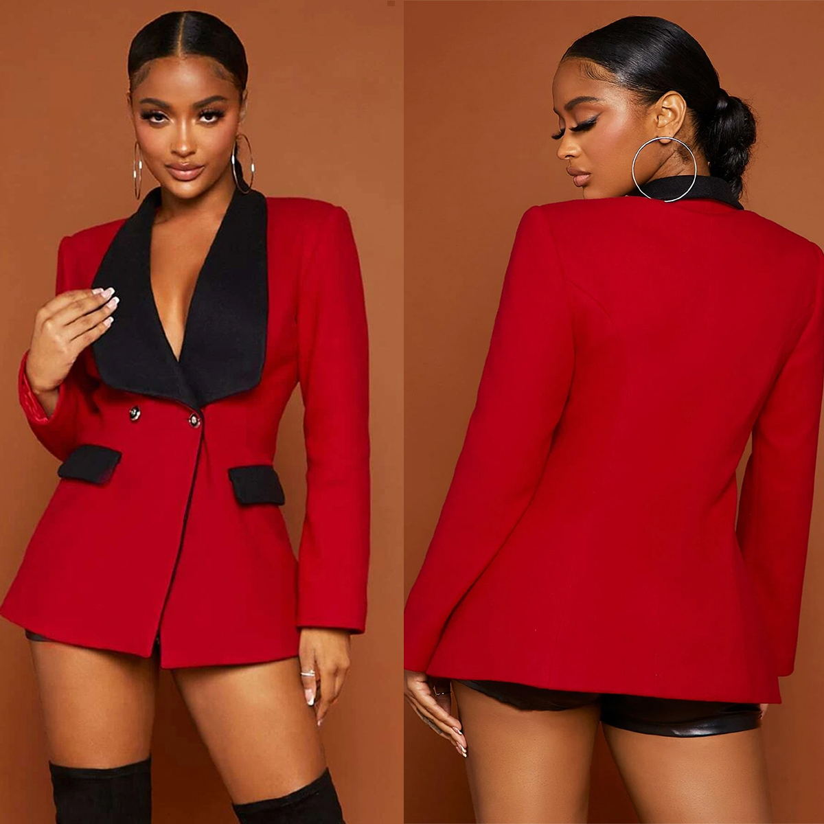 

Red Black Blazer Suit Jacket Slim Fit Long Sleeve Formal Wedding Tuxedos Prom Evening Wear One Piece