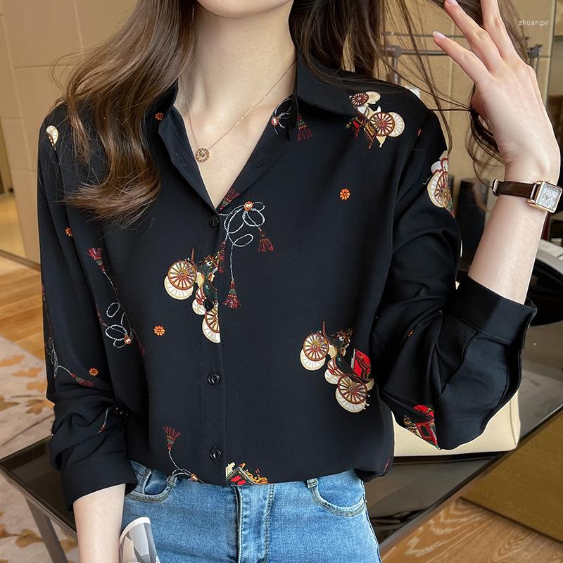

Women's Blouses Women Shirt Chiffon Blouse Turn-down Collar Floral Print Long Sleeve Ladies Fashion Lb9, Black