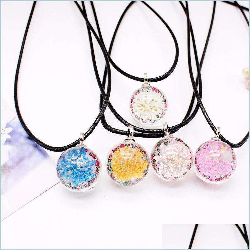 

Pendant Necklaces 9 Colors Dried Flower Choker For Women Girls Black Leather Rope Chain Glass Ball Charm Necklace Pink Blue Bohemia Dhme6