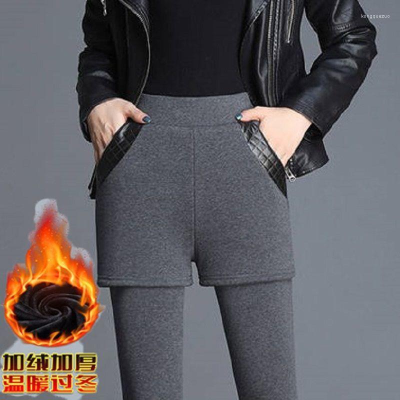 

Women's Pants 2022 High-waisted Women Fake Two-piece With Pockets Leggings Trouser Suit Yoga Fashion Bottoming Tight Full T94, Black