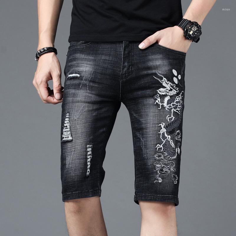 

Men's Jeans Denim Shorts Streetwear Men Fashion Ripped Black Summer Chinese Dragon Embroidery Slim Fit Straight Knee Length Pants