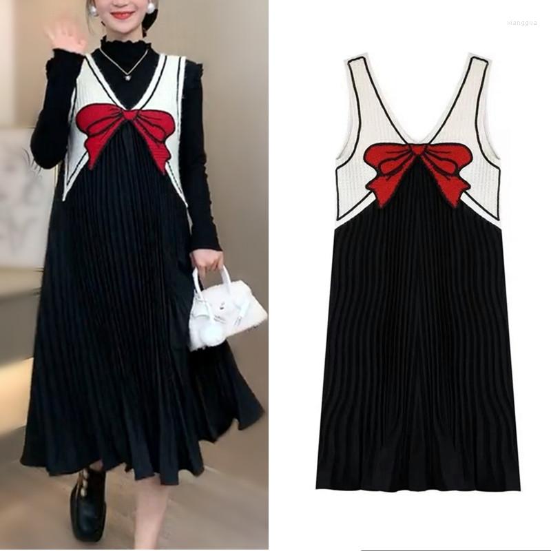 

Casual Dresses Spring Autumn Woman Fashion Unique Ladies Big Bows Knitted Sleeveless Pleated Patchwork Party Cute Vestidos Dress NS898, Black
